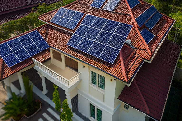 arafed roof with solar panels on a house in the middle of a tropical area. generative ai.
