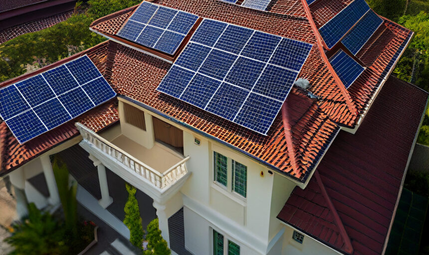 arafed roof with solar panels on a house in the middle of a tropical area. generative ai.