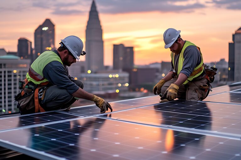 collaborative-solar-panel-installation-sunset