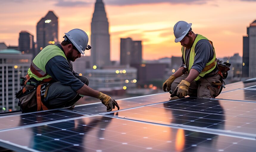 collaborative-solar-panel-installation-sunset