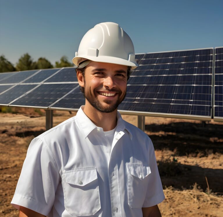 smiling-solar-panel-technician-white-uniform-bright-sunlight