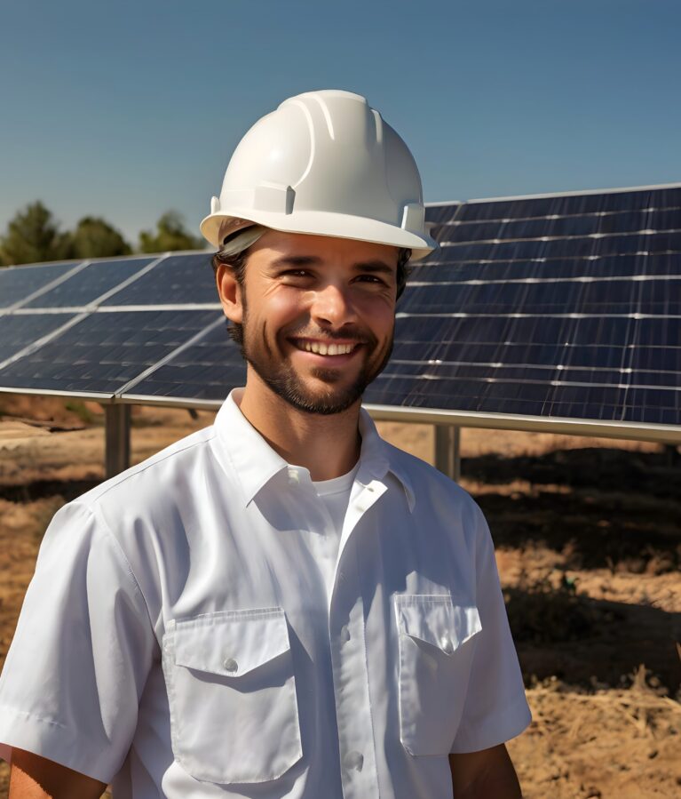 smiling-solar-panel-technician-white-uniform-bright-sunlight