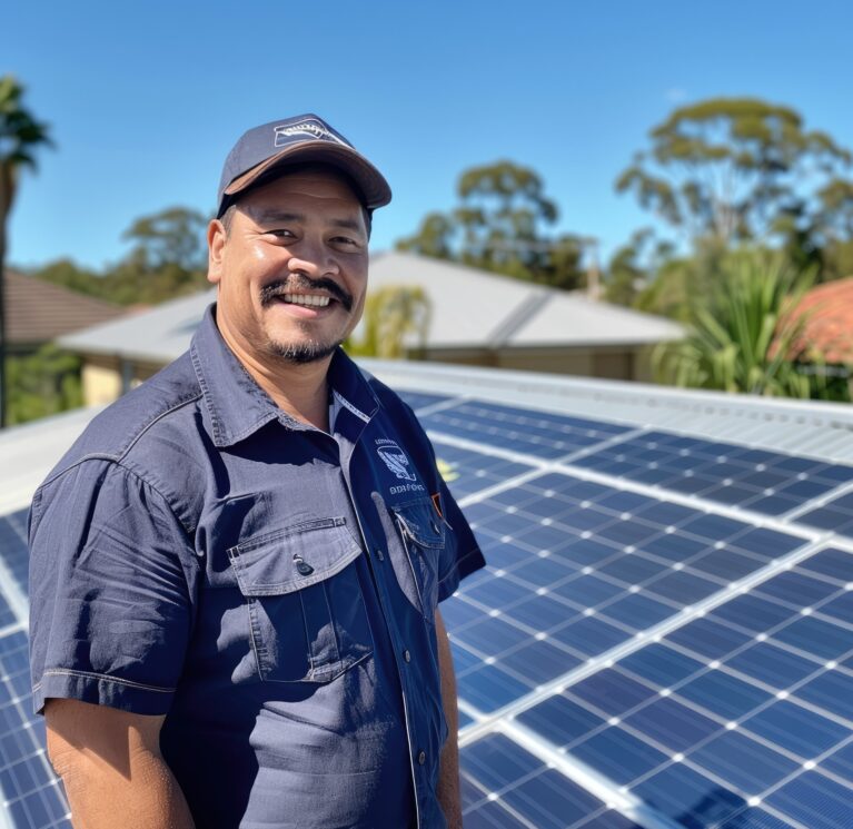 solar panels installer, solar panel specialist standing in front of completed solar panel roof Job ID: 0605927c-8afa-427a-8016-8dd6636bf26f