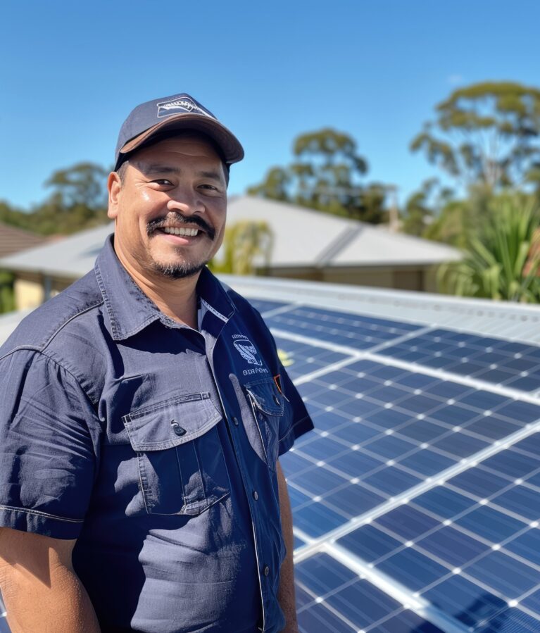 solar panels installer, solar panel specialist standing in front of completed solar panel roof Job ID: 0605927c-8afa-427a-8016-8dd6636bf26f