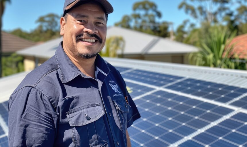 solar panels installer, solar panel specialist standing in front of completed solar panel roof Job ID: 0605927c-8afa-427a-8016-8dd6636bf26f